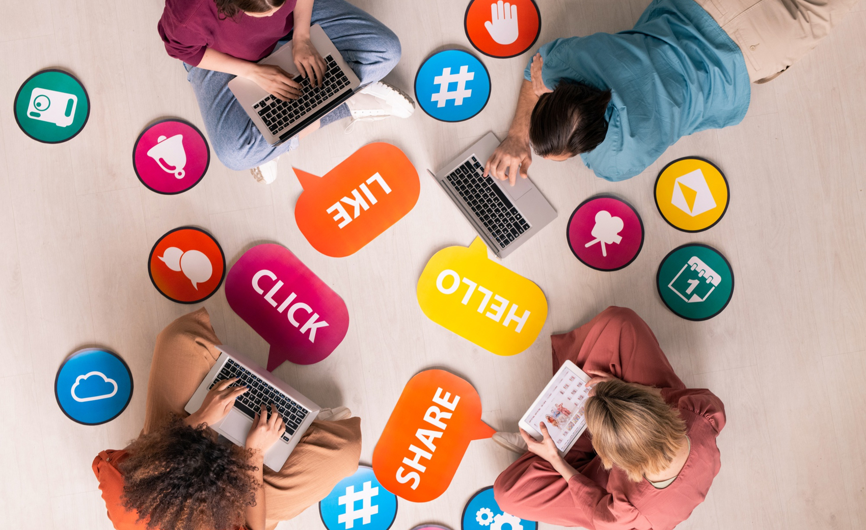 View Internet Users Sitting Circle Among Social Media Activity Tags Icons Surfing Net Devices